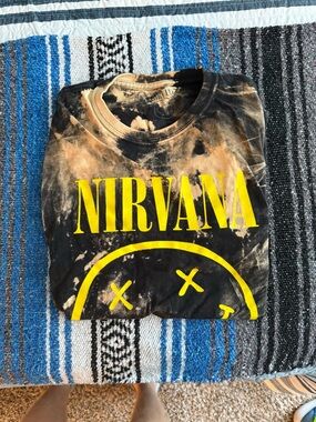 NIRVANA Black and Tan Bleached Graphic Tee with Yellow Logo